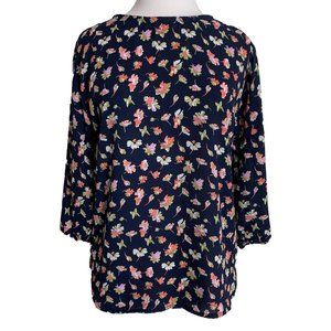 Mi Ami Womens Blouse Shirt Size XS Navy Blue Floral 3/4 Sleeves Button Back Top